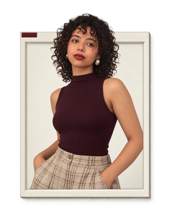 Maryam Hichou in a burgundy top and checked trousers, stepping out of a window frame.